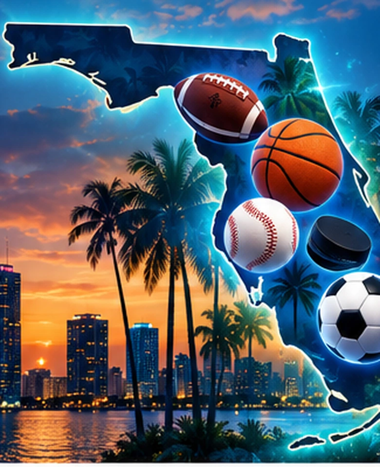 Florida silhouette with football, basketball, baseball, hockey puck and soccer ball